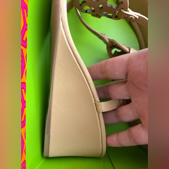 Tory Burch Miller 60MM Wedge - Beige T-Strap Leather Sandals with Logo Medallion - Picture 9 of 11